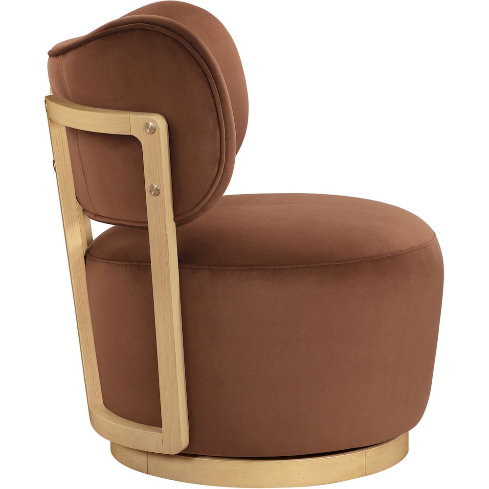 Elara Cognac Velvet Upholstered Swivel Accent Chair. Picture 4