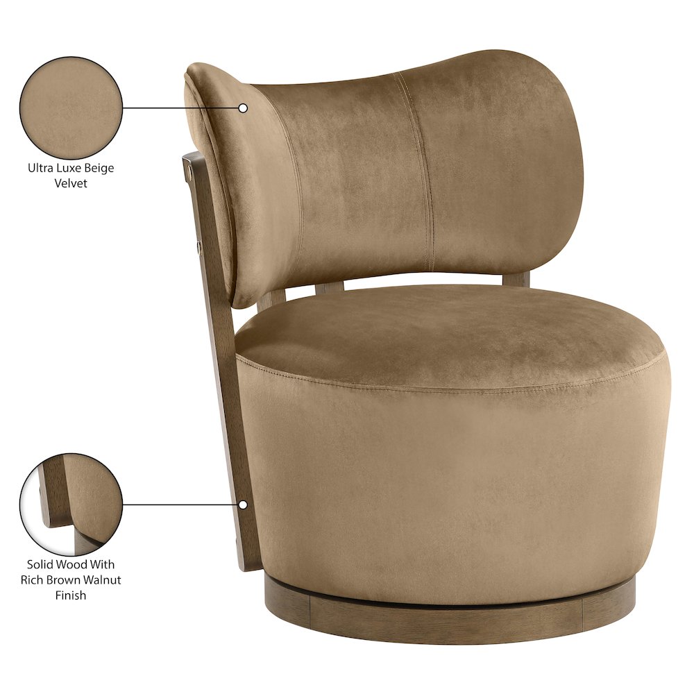 Elara Beige Velvet Upholstered Swivel Accent Chair. Picture 10