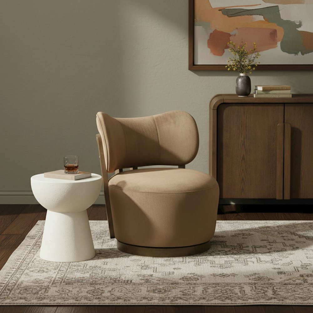 Elara Beige Velvet Upholstered Swivel Accent Chair. Picture 2