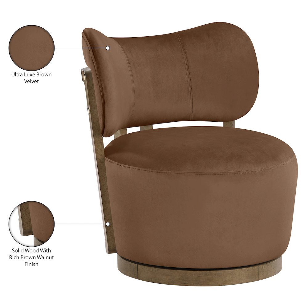Elara Brown Velvet Upholstered Swivel Accent Chair. Picture 10