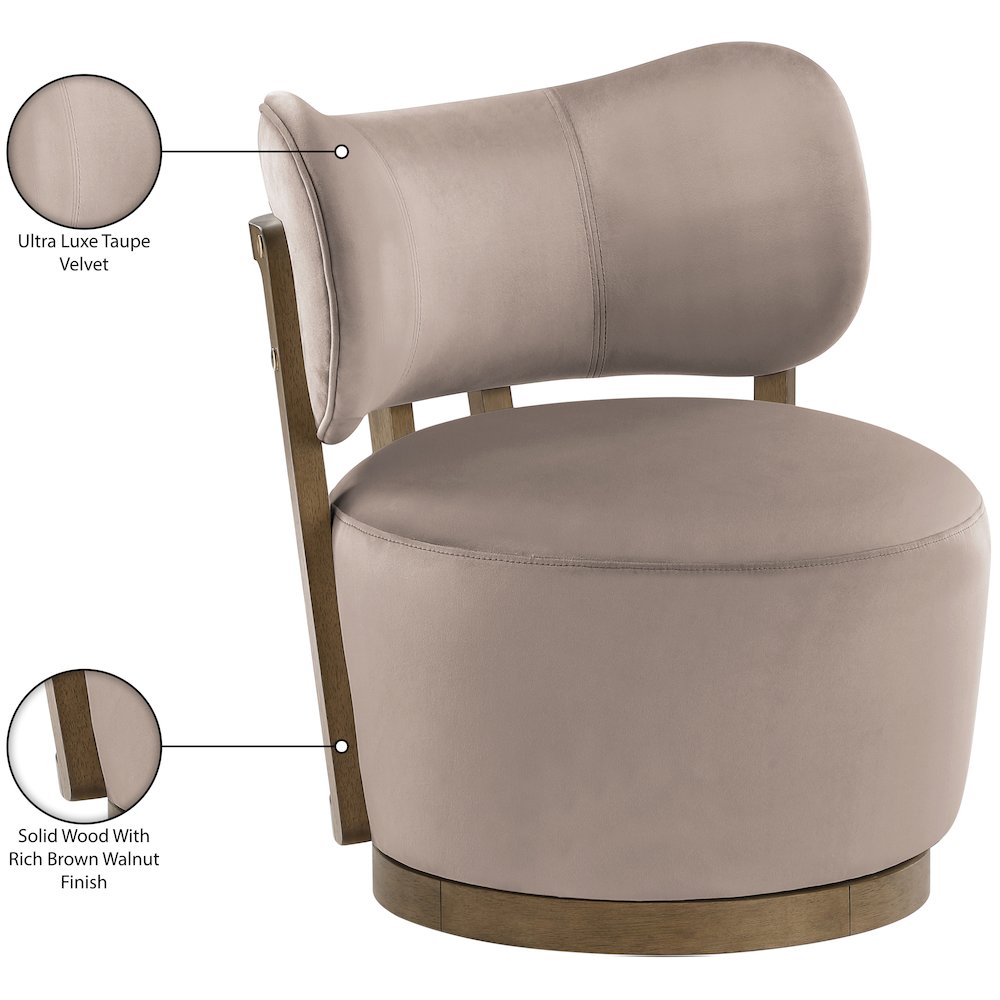 Elara Taupe Velvet Upholstered Swivel Accent Chair. Picture 10