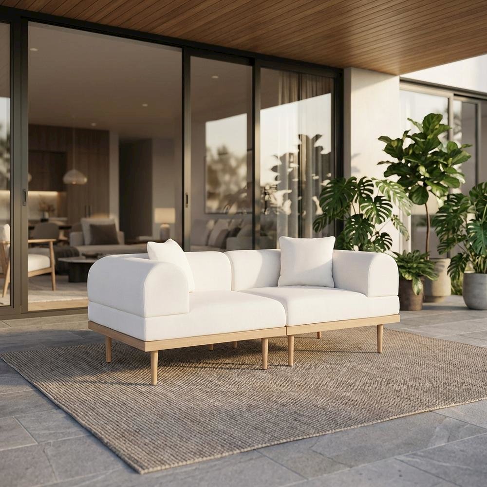 Cream Fabric Outdoor Modular Loveseat With Cushions And Contemporary Style. Picture 2