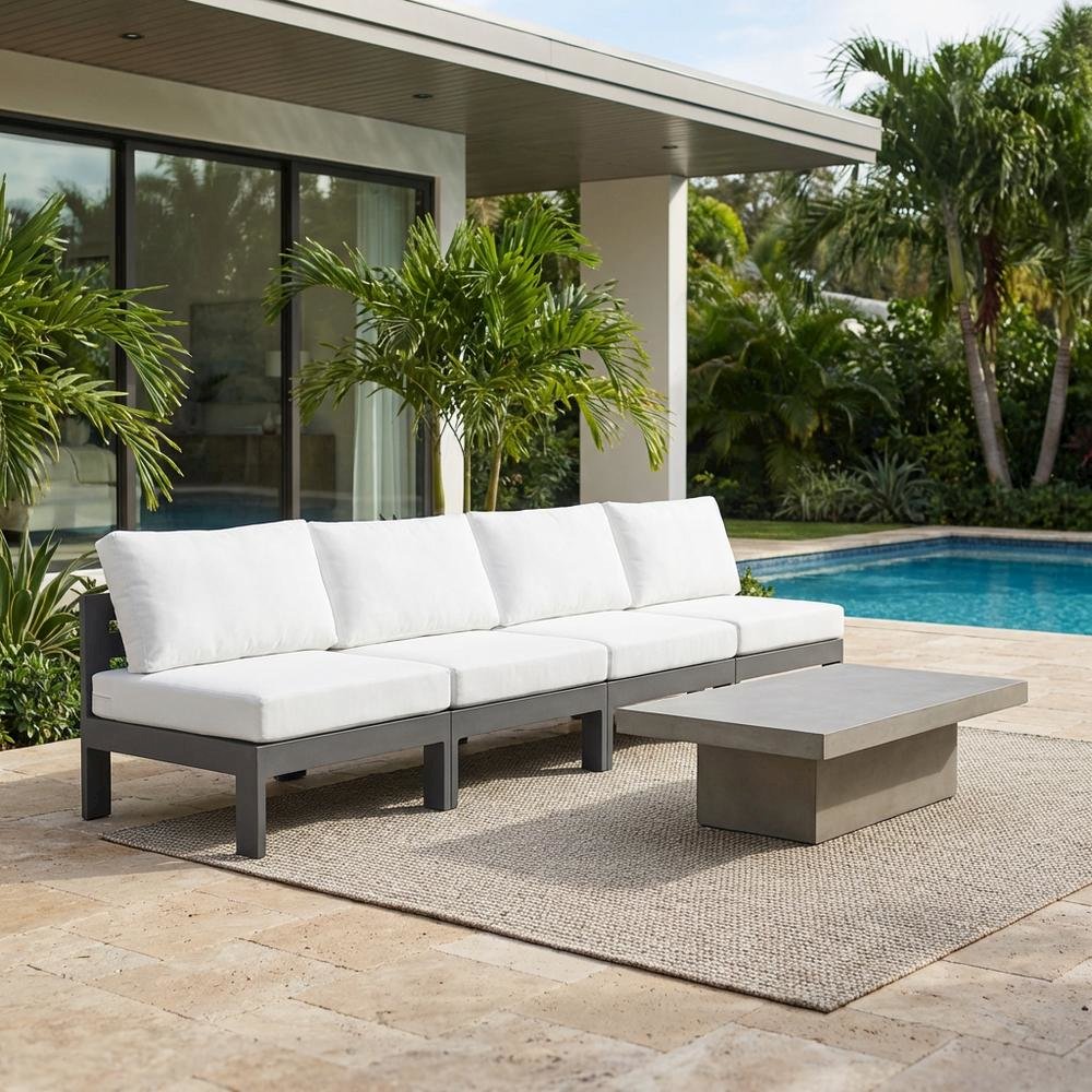 White Fabric Outdoor Patio Modular Sofa, Contemporary Style, Spacious Seating. Picture 3