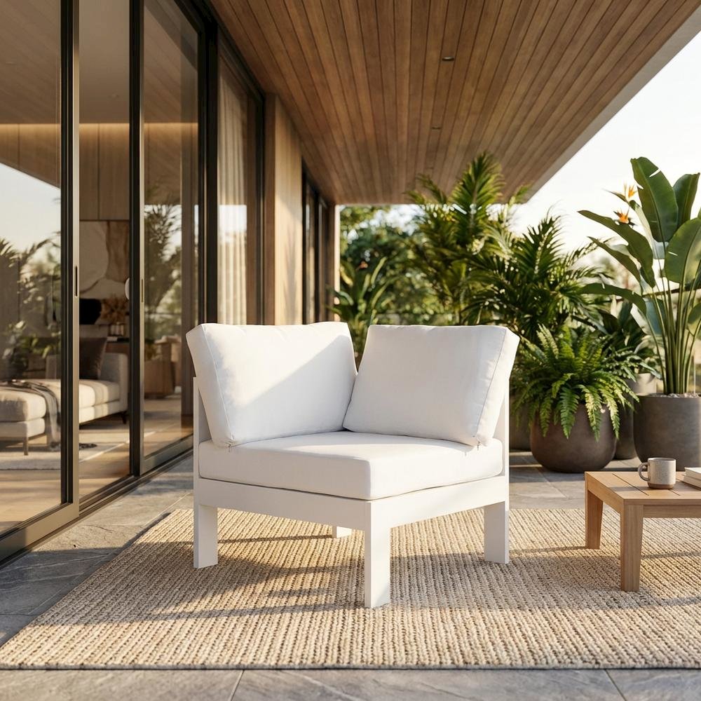 White Fabric Outdoor Ottoman With Aluminum Frame For Patio Lounge. Picture 2