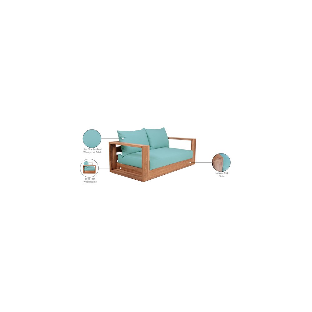 Tulum Blue Water Resistant Fabric Outdoor Loveseat. Picture 7