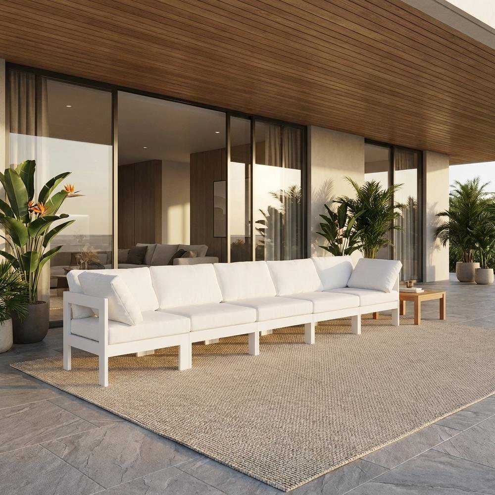 White Fabric Outdoor Patio Modular Sofa, Contemporary Style, Comfortable Back. Picture 2
