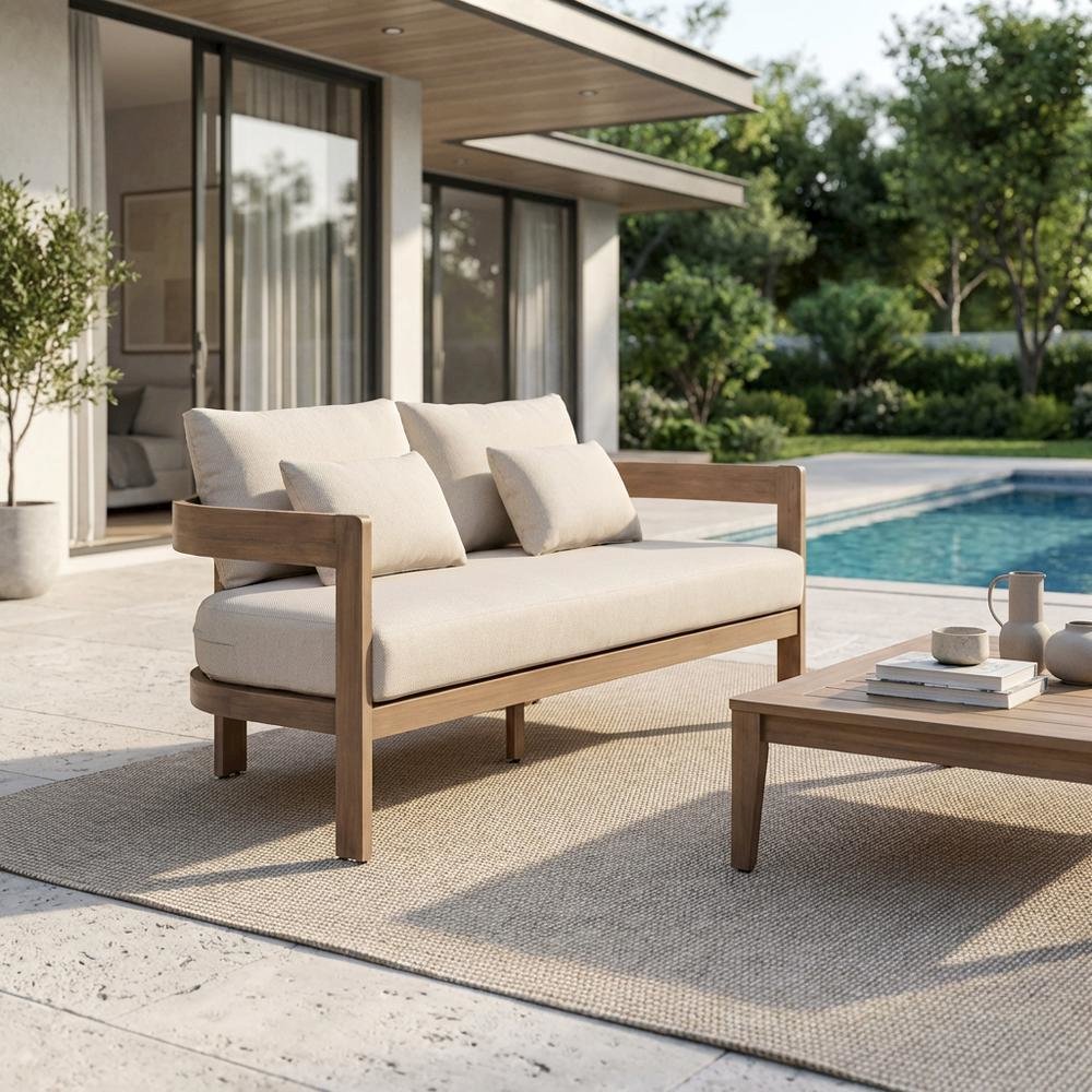 Beige Fabric Outdoor Loveseat With Pillow And Contemporary Style. Picture 3