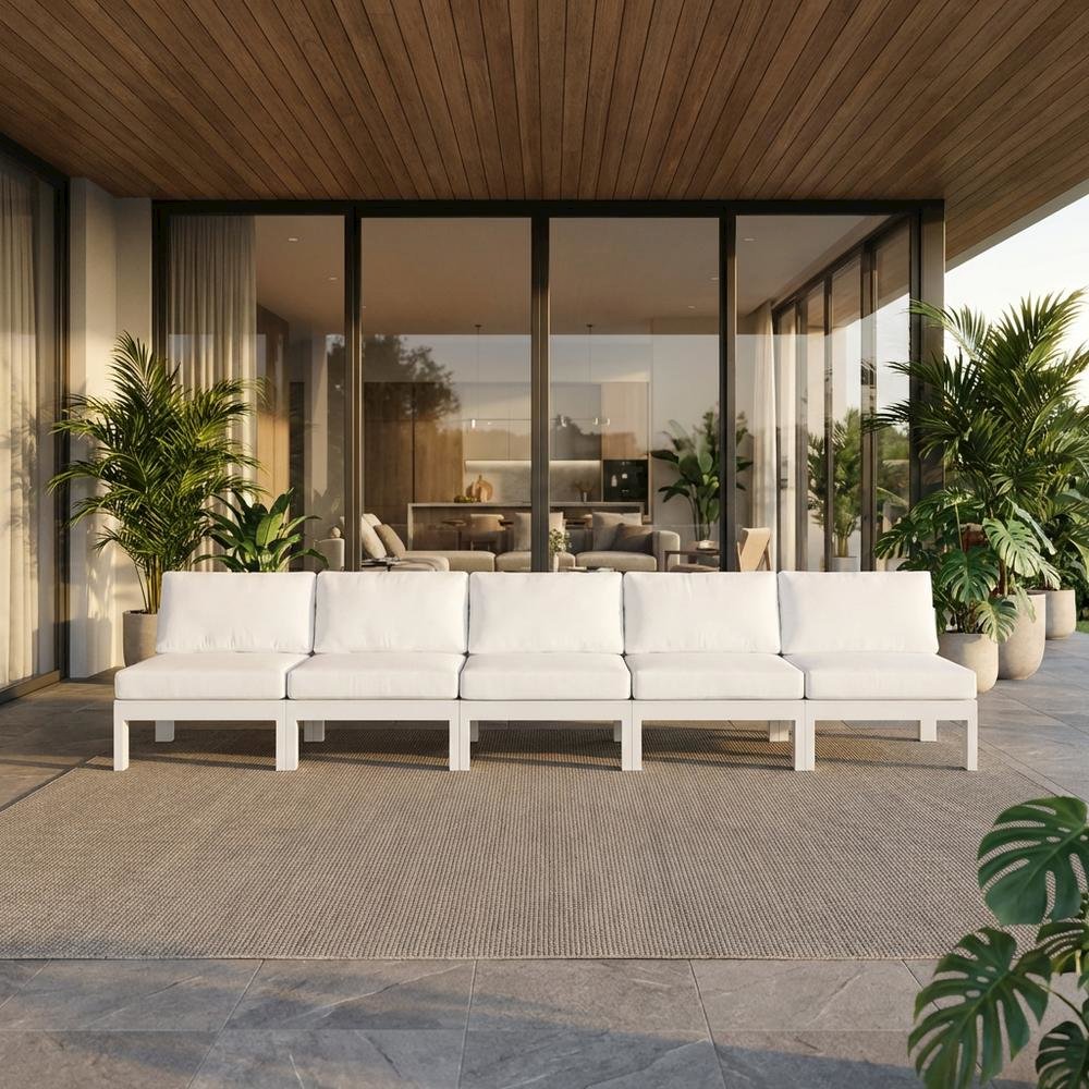 White Fabric Outdoor Patio Modular Sofa, Contemporary Style, Cushioned Seating. Picture 2