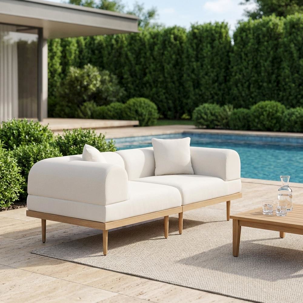 Cream Fabric Outdoor Modular Loveseat With Cushions And Contemporary Style. Picture 3