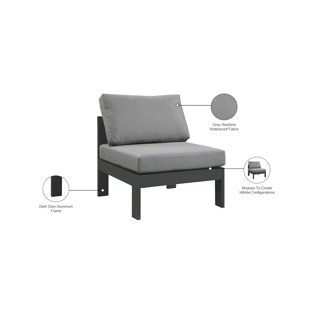 Nizuc Grey Water Resistant Fabric Outdoor Patio Aluminum Armless Chair. Picture 8