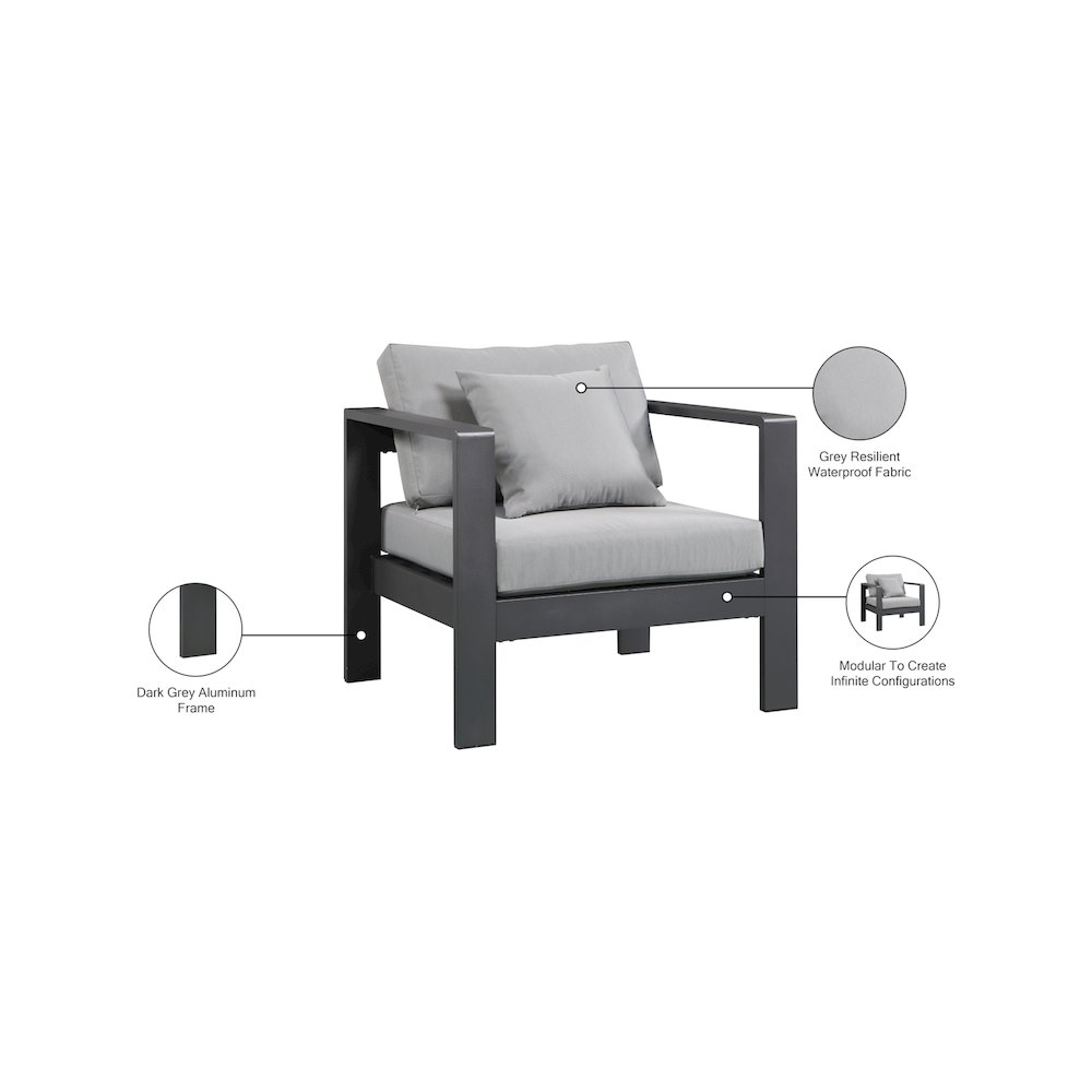 Nizuc Grey Water Resistant Fabric Outdoor Patio Aluminum Arm Chair. Picture 8