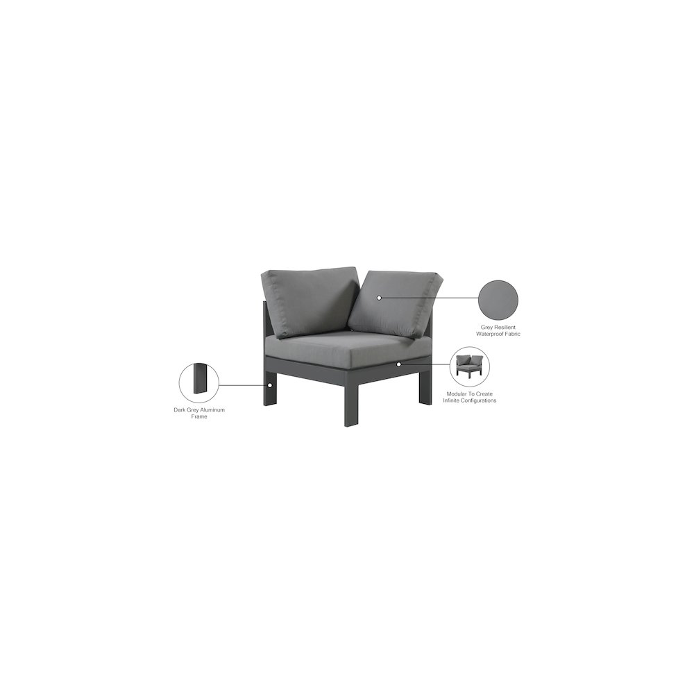 Nizuc Grey Water Resistant Fabric Outdoor Patio Aluminum Corner Chair. Picture 7