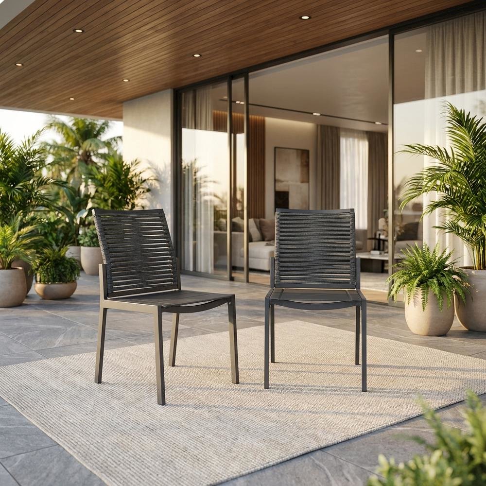 Gray Rope Fabric Outdoor Patio Dining Side Chair Set Of 2, Contemporary Style. Picture 2