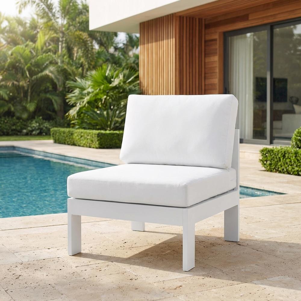 White Fabric Outdoor Patio Aluminum Armless Chair With Contemporary Style. Picture 3