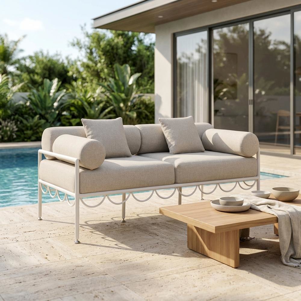 Beige Water-Resistant Fabric Outdoor Loveseat With Cushioned Seat. Picture 3