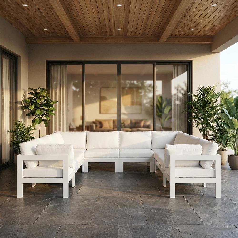 White Fabric Outdoor Patio Sectional, Contemporary Style, Comfortable Backrest. Picture 2