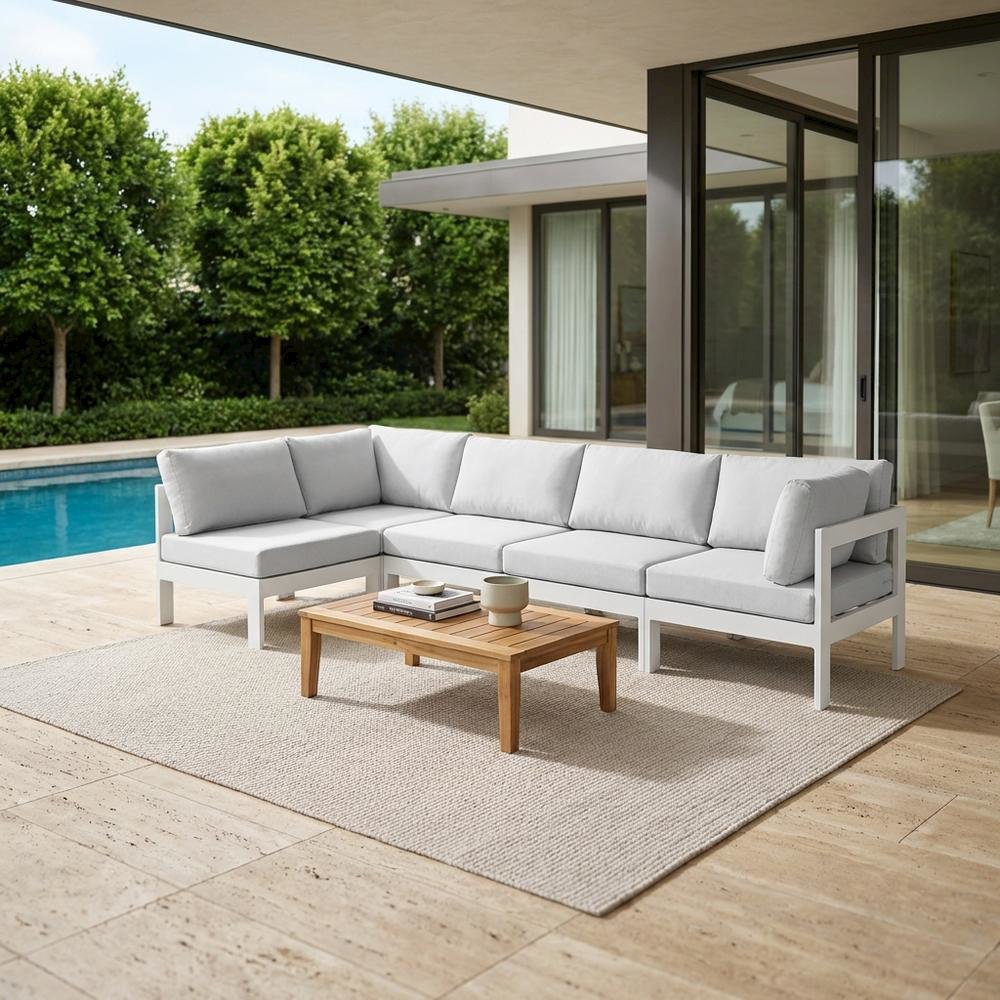White Fabric Outdoor Patio Modular Sectional, Contemporary Style, Cushioned. Picture 3