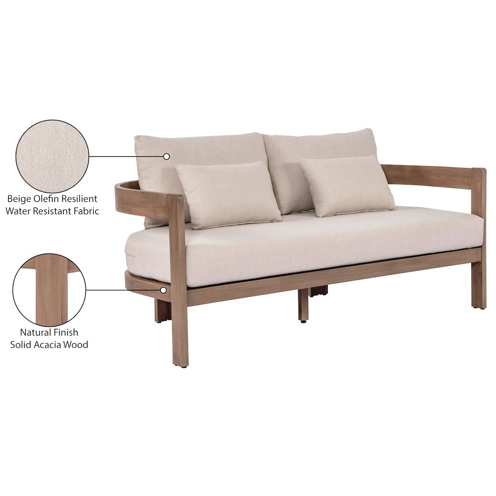 Newport 65" Beige Water Resistant Fabric Upholstered Outdoor Patio Loveseat. Picture 9