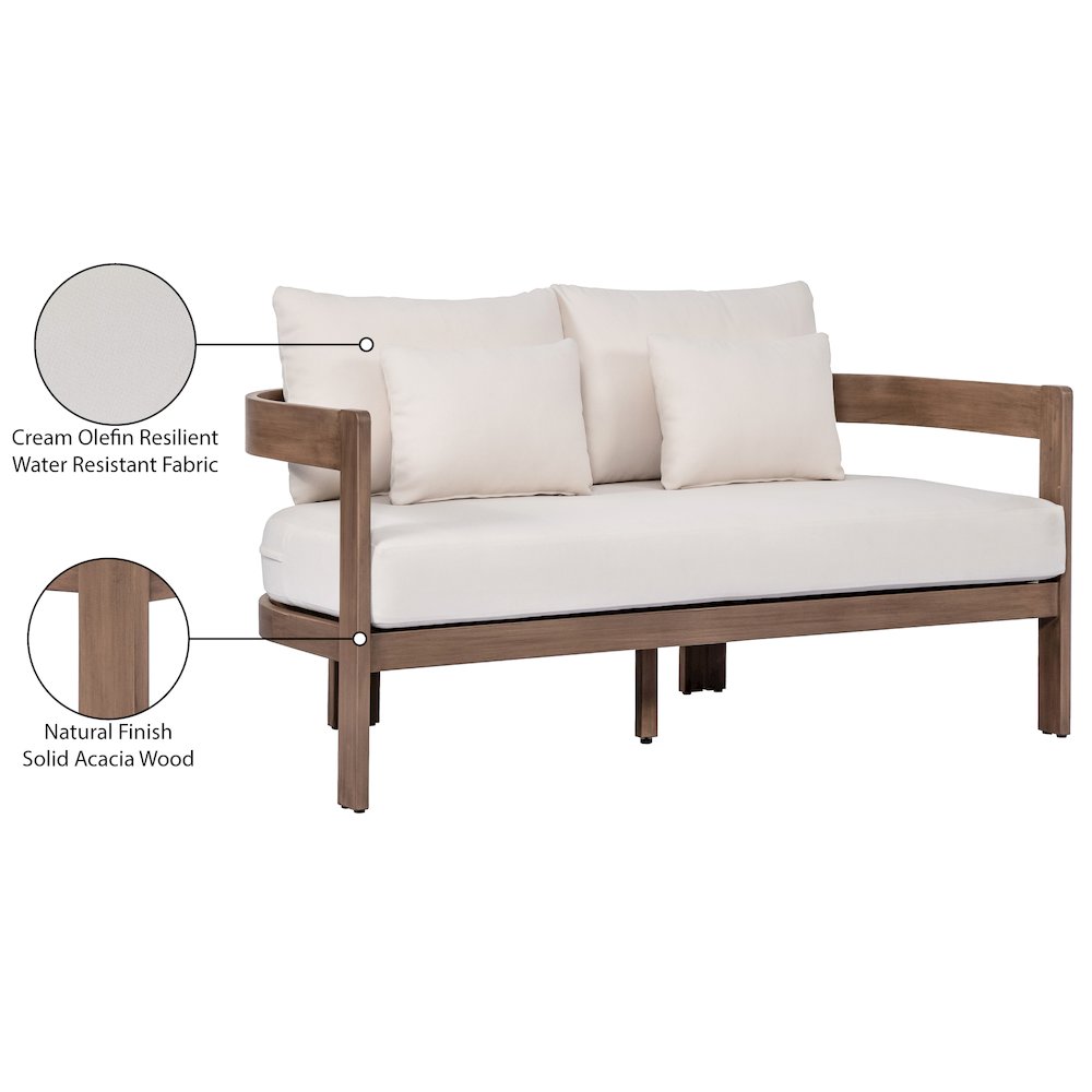 Newport 65" Cream Water Resistant Fabric Upholstered Outdoor Patio Loveseat. Picture 9