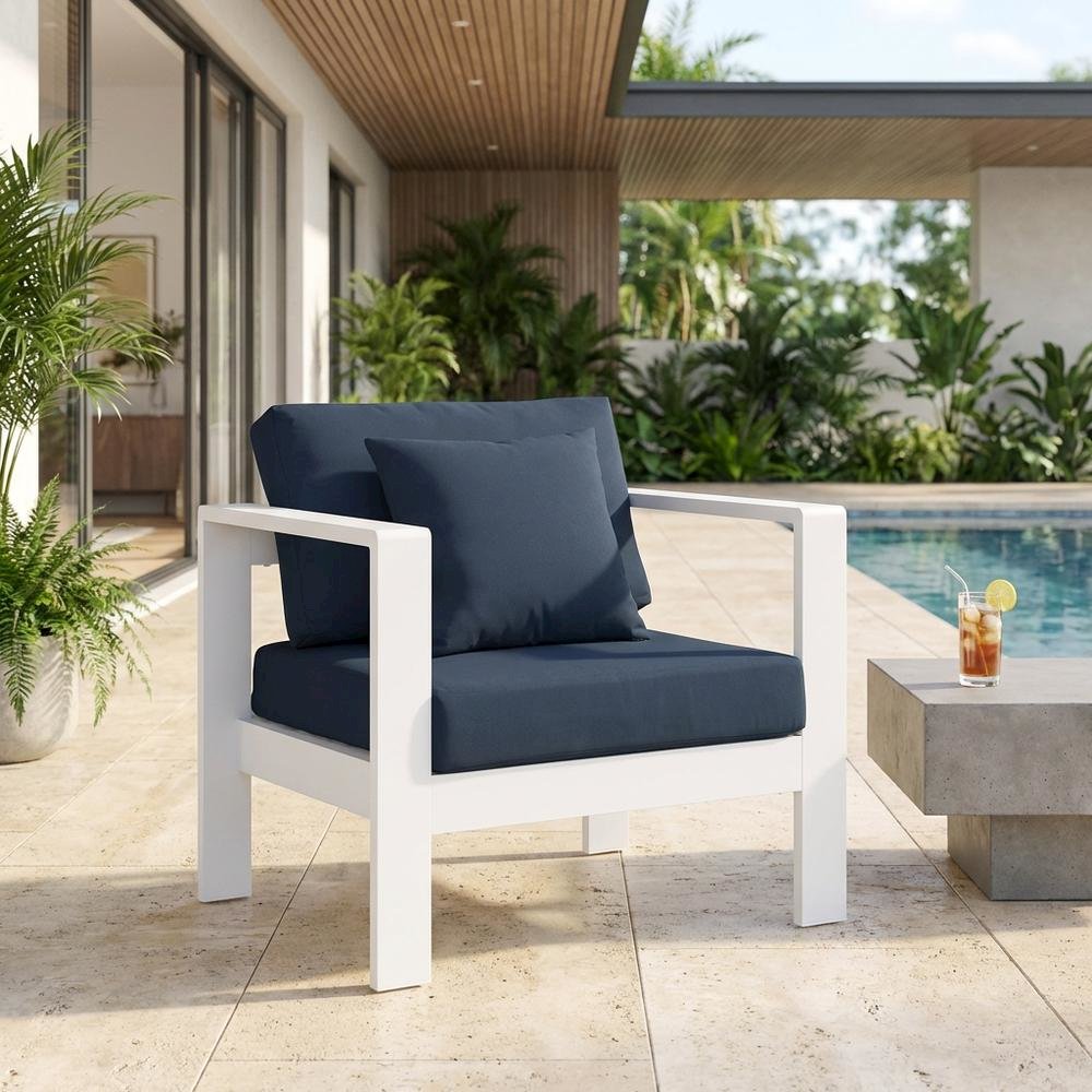 Navy Fabric Outdoor Armchair With Aluminum Frame And Contemporary Style. Picture 3