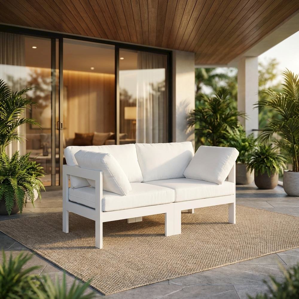 White Fabric Outdoor Patio Modular Sofa, Contemporary Style, Cushioned Seating. Picture 2