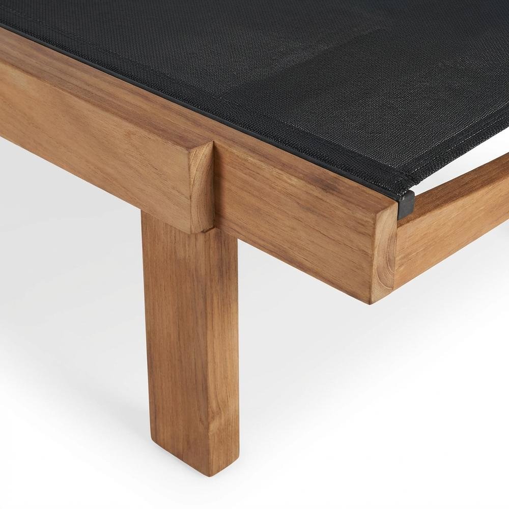 Outdoor Patio Lounger With Black Fabric, Contemporary Design, Teak Finish. Picture 6