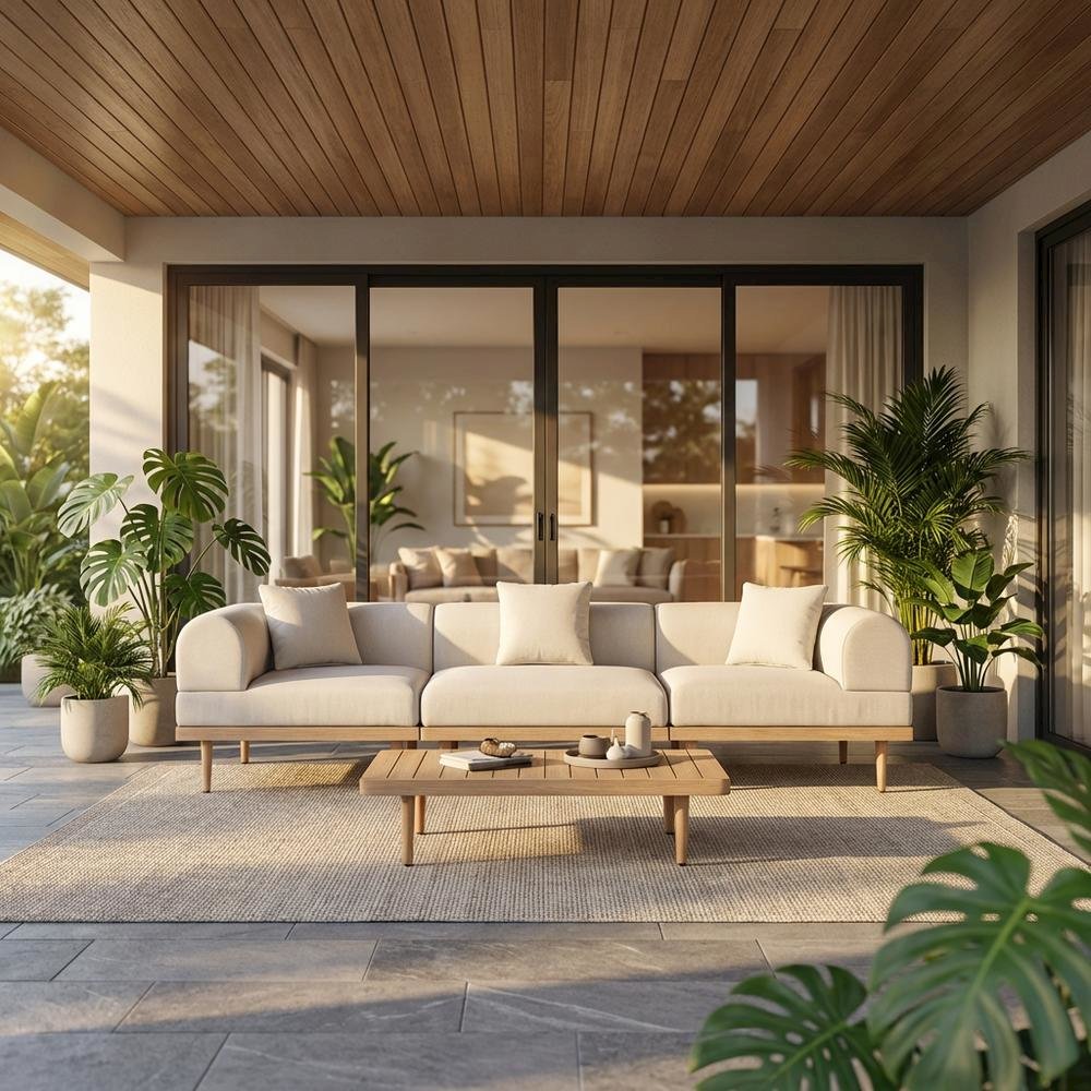 Beige Fabric Outdoor Modular Sofa With Cushions And Contemporary Style. Picture 2
