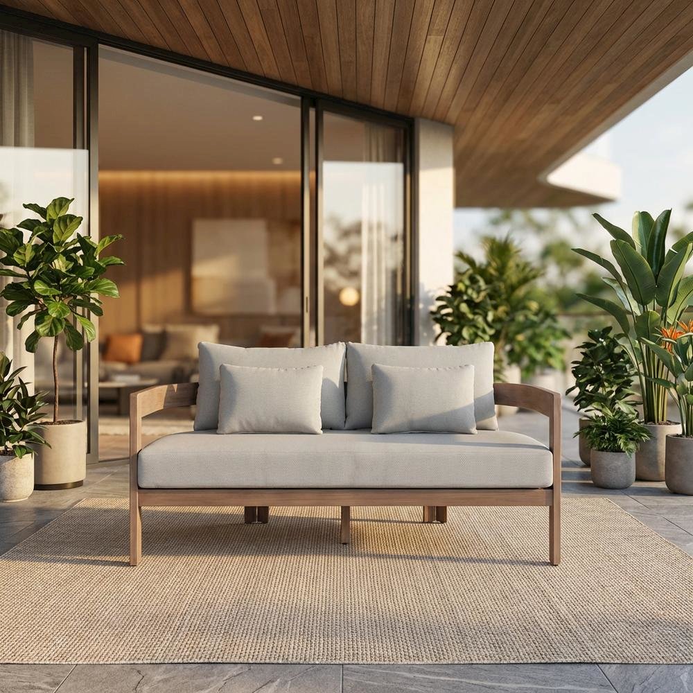 Gray Fabric Upholstered Outdoor Patio Loveseat with Cushions, Contemporary Style. Picture 2