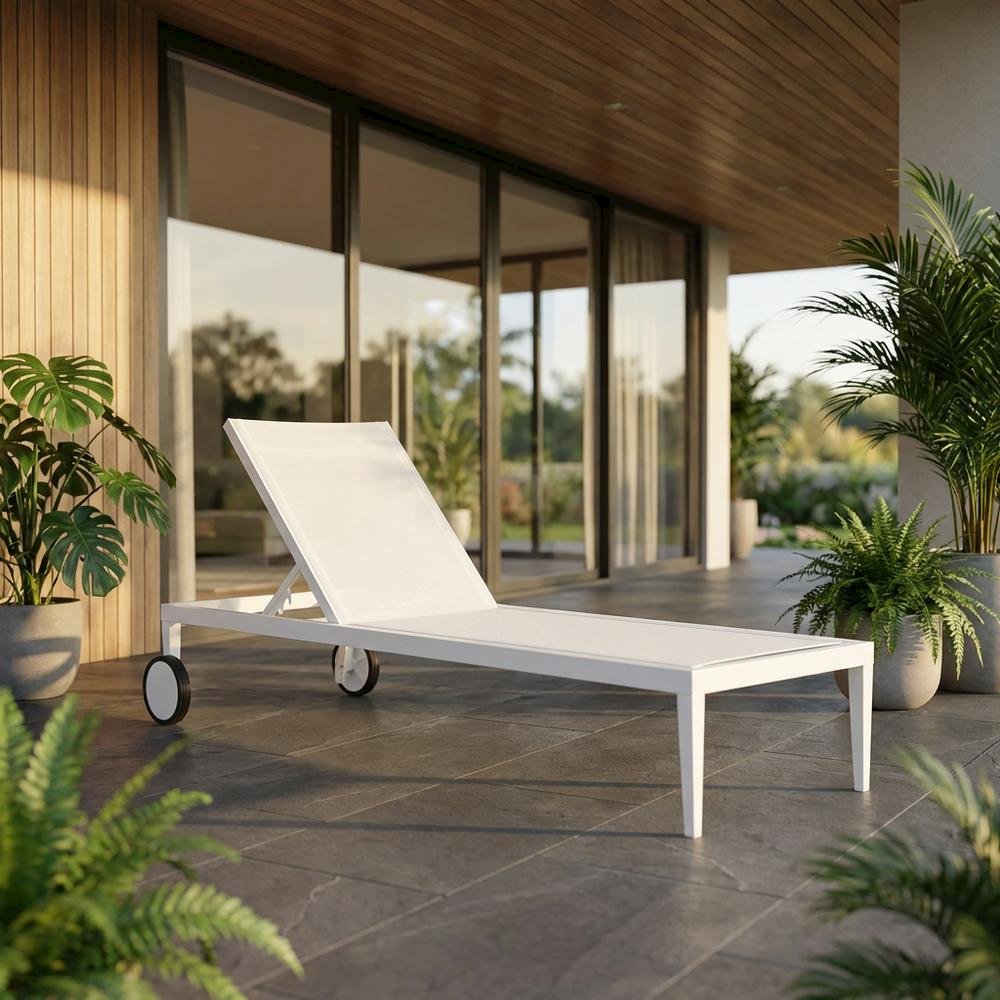 White Mesh Fabric Outdoor Patio Chaise Lounge Chair With Contemporary Style. Picture 2