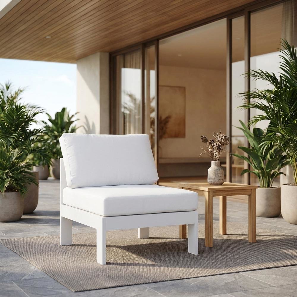 White Fabric Outdoor Patio Aluminum Armless Chair With Contemporary Style. Picture 2
