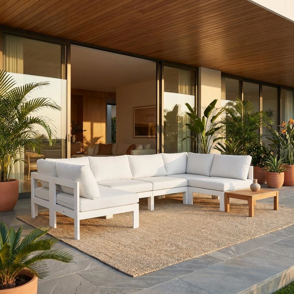 White Fabric Outdoor Patio Modular Sectional, Contemporary Style, Cushioned. Picture 2