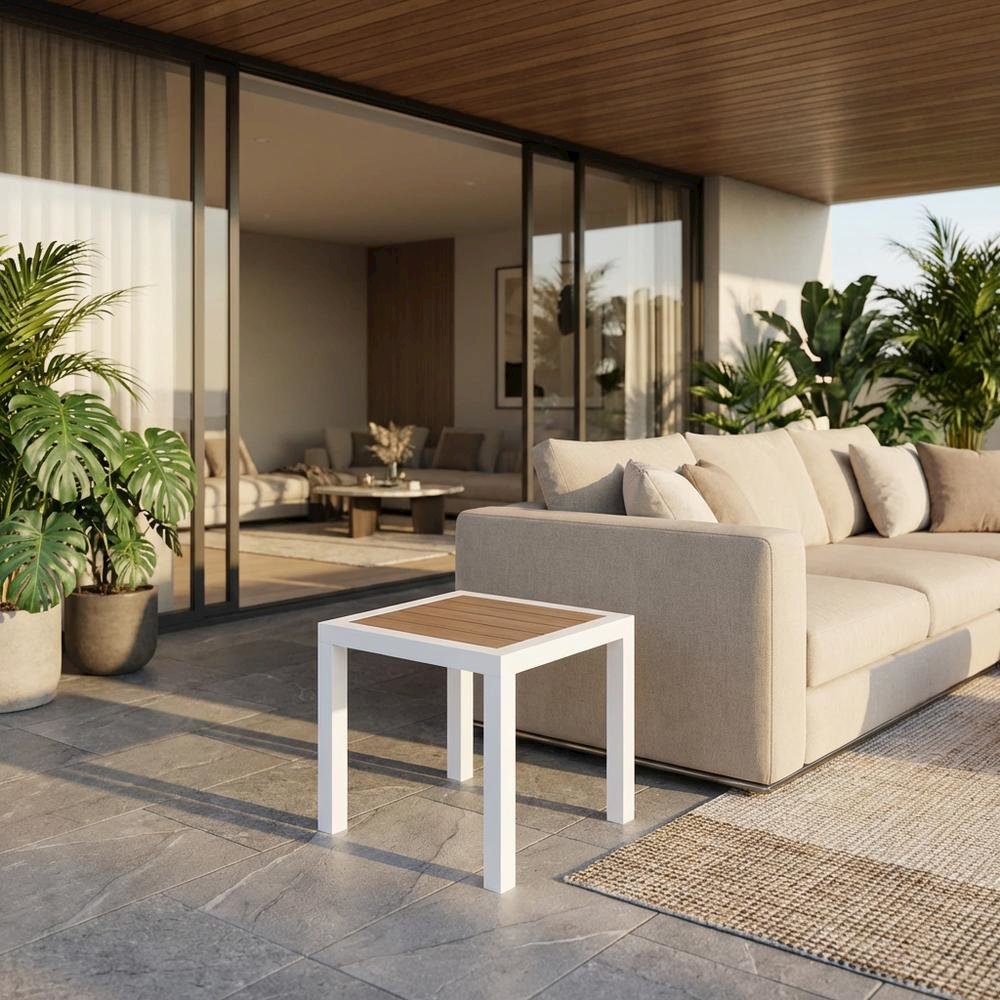 Outdoor Patio End Table With Brown Wood-Look Finish And Contemporary Style. Picture 2