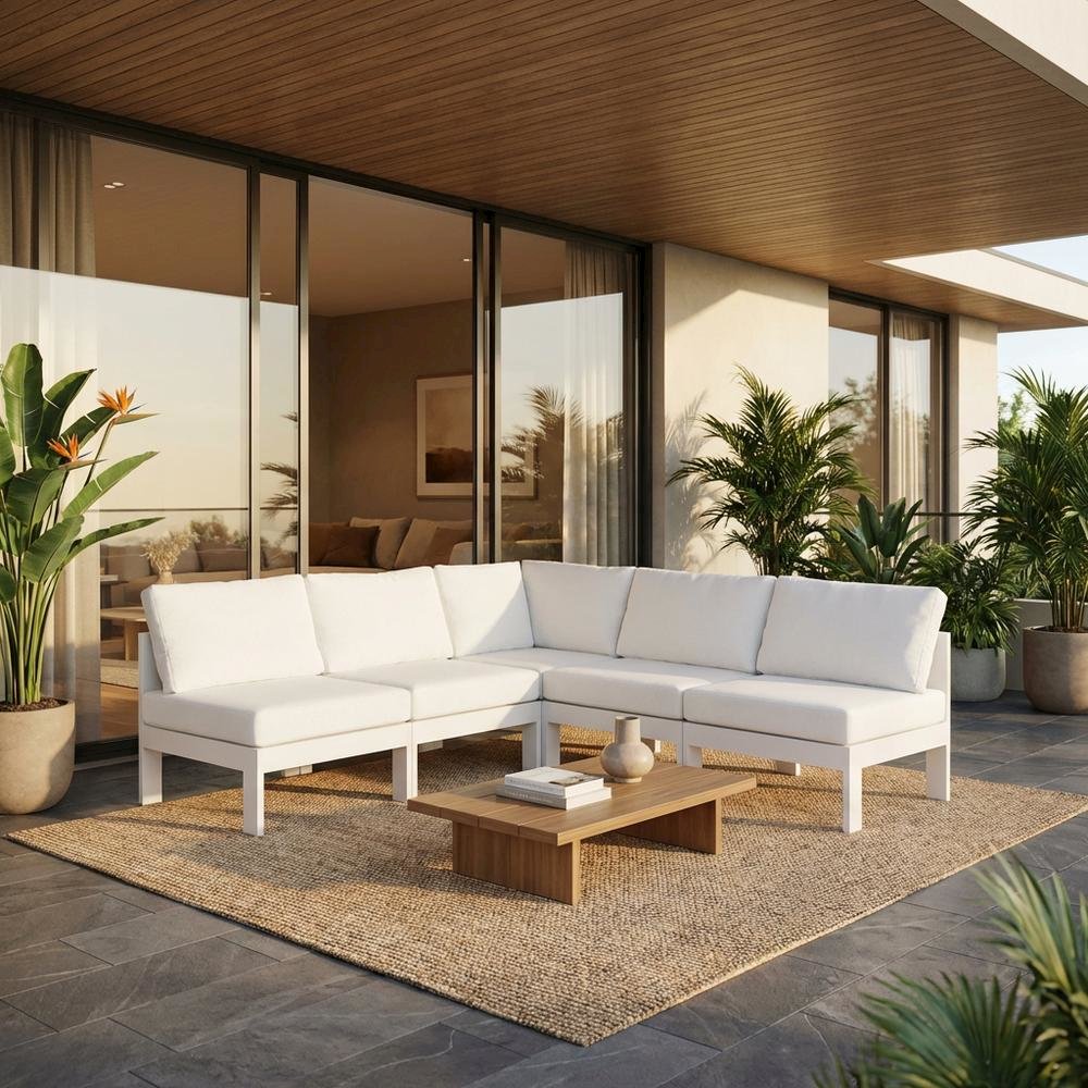 White Fabric Outdoor Patio Modular Sectional With Contemporary Style. Picture 2