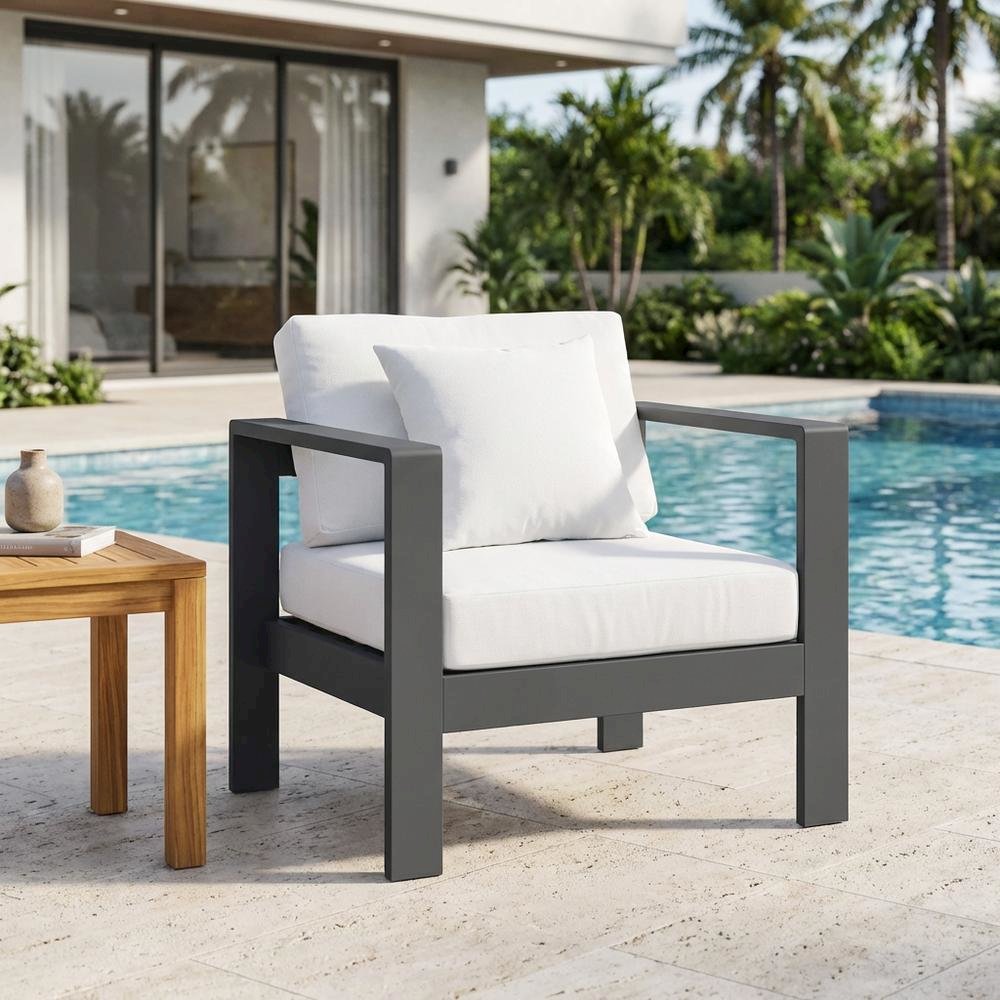 White Fabric Outdoor Patio Aluminum Arm Chair With Contemporary Style. Picture 3