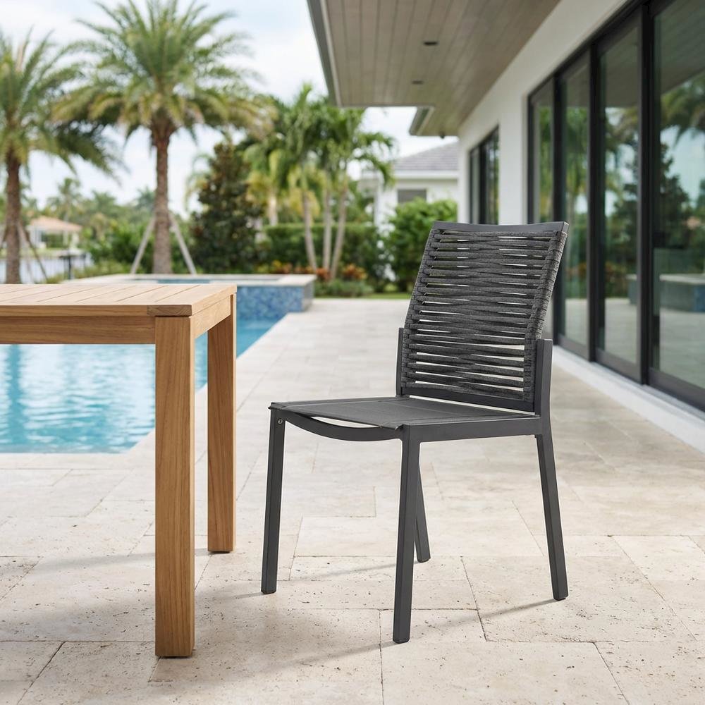 Gray Rope Fabric Outdoor Patio Dining Side Chair Set Of 2, Contemporary Style. Picture 3