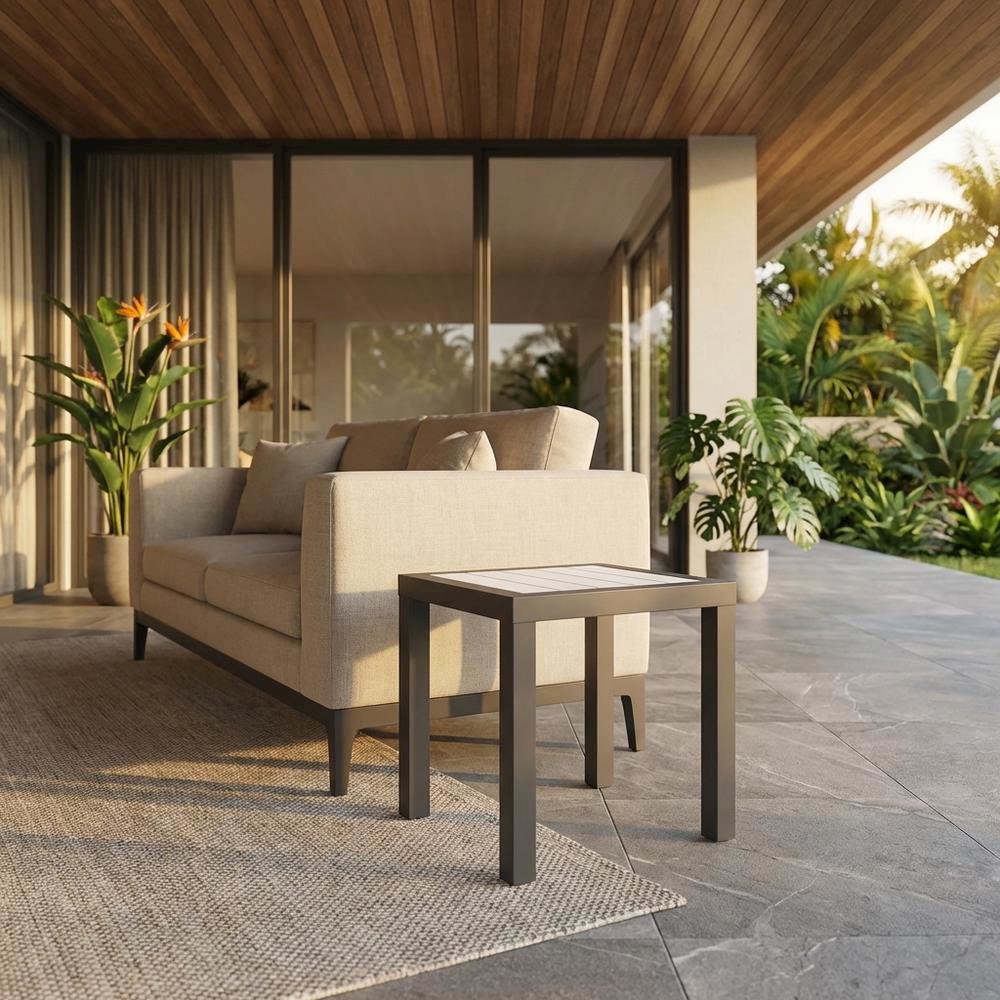 White Wood-Look Accent Paneling Outdoor Patio Aluminum End Table, Contemporary. Picture 2
