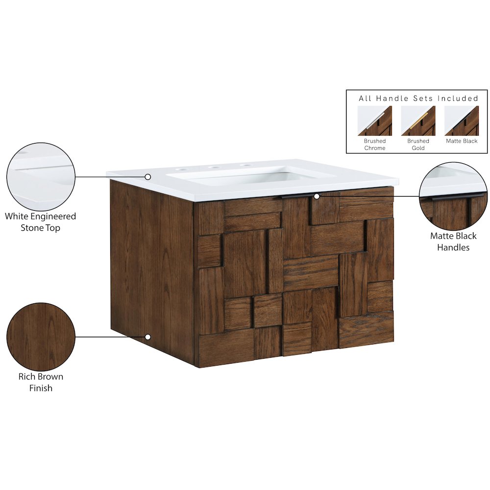 Leonardo 24" Brown Engineered Stone And Solid Wood Wall Mounted Bathroom Vanity. Picture 16