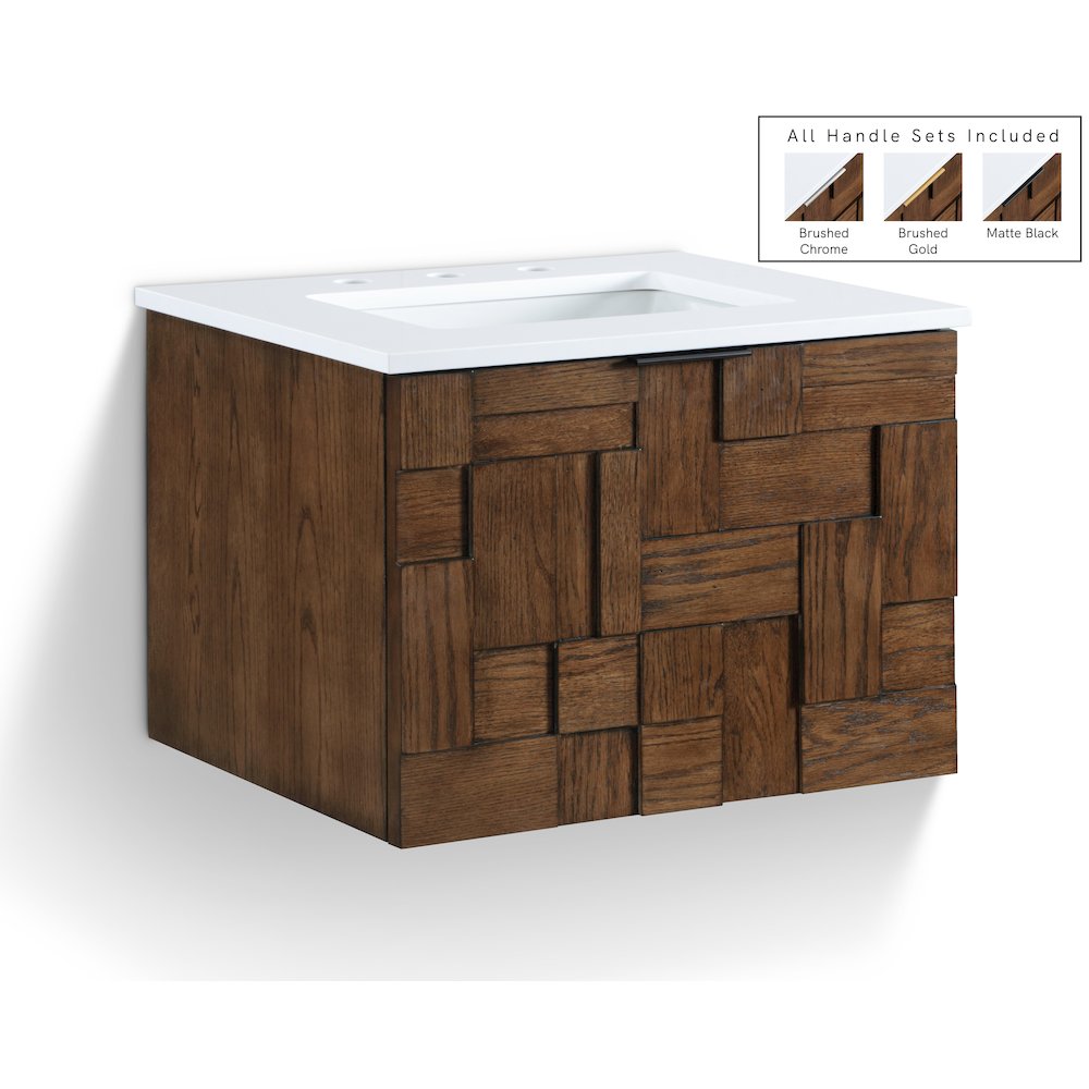 Leonardo 24" Brown Engineered Stone And Solid Wood Wall Mounted Bathroom Vanity. Picture 1