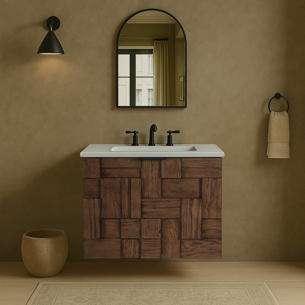 Leonardo 24" Brown Engineered Stone And Solid Wood Wall Mounted Bathroom Vanity. Picture 7