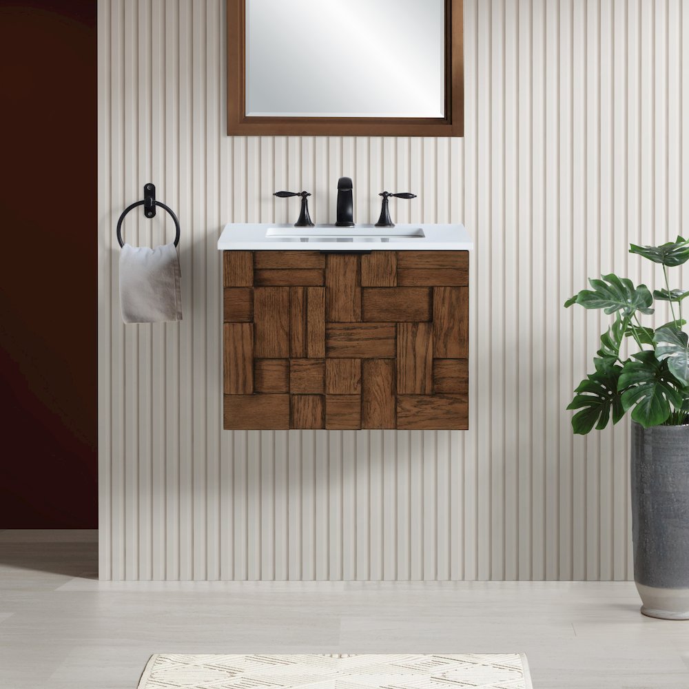 Leonardo 24" Brown Engineered Stone And Solid Wood Wall Mounted Bathroom Vanity. Picture 8