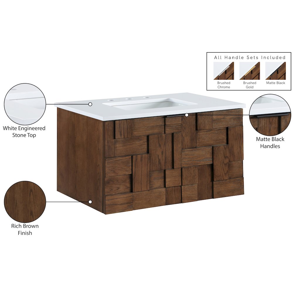 Leonardo 30" Brown Engineered Stone And Solid Wood Wall Mounted Bathroom Vanity. Picture 16