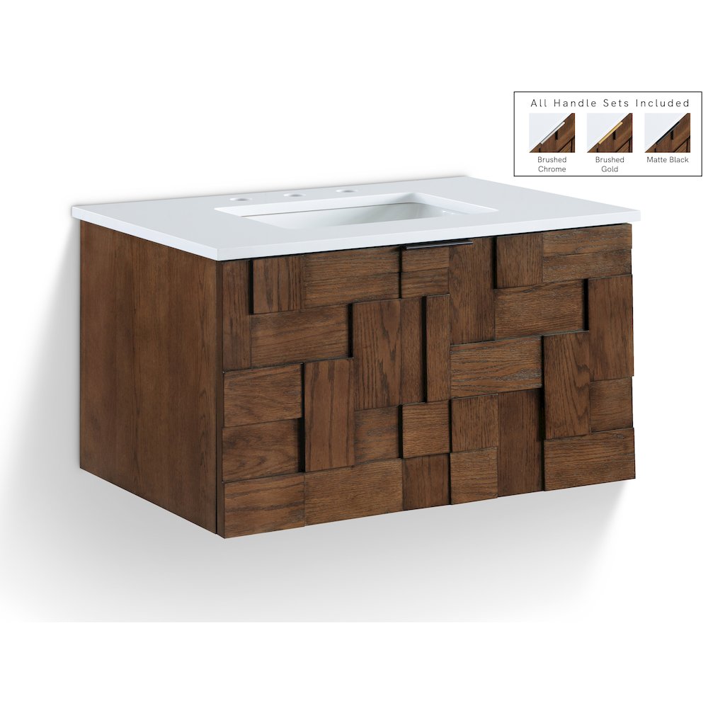 Leonardo 30" Brown Engineered Stone And Solid Wood Wall Mounted Bathroom Vanity. Picture 1