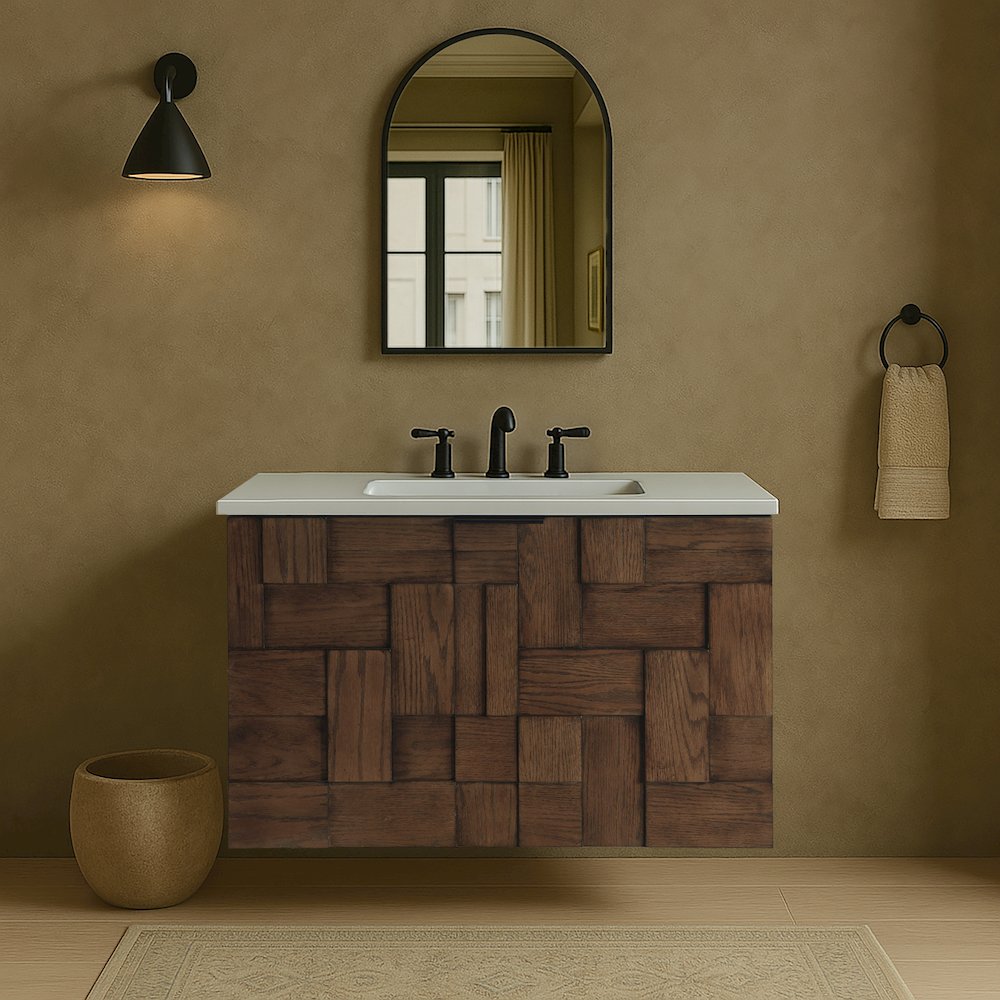 Leonardo 30" Brown Engineered Stone And Solid Wood Wall Mounted Bathroom Vanity. Picture 7