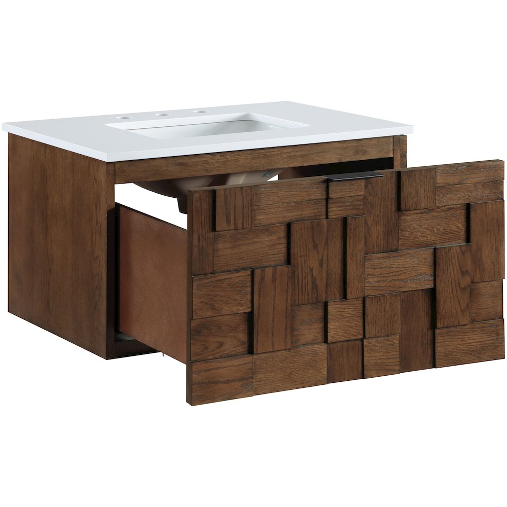 Leonardo 30" Brown Engineered Stone And Solid Wood Wall Mounted Bathroom Vanity. Picture 6