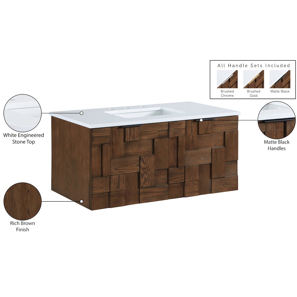 Leonardo 36" Brown Engineered Stone And Solid Wood Wall Mounted Bathroom Vanity. Picture 16