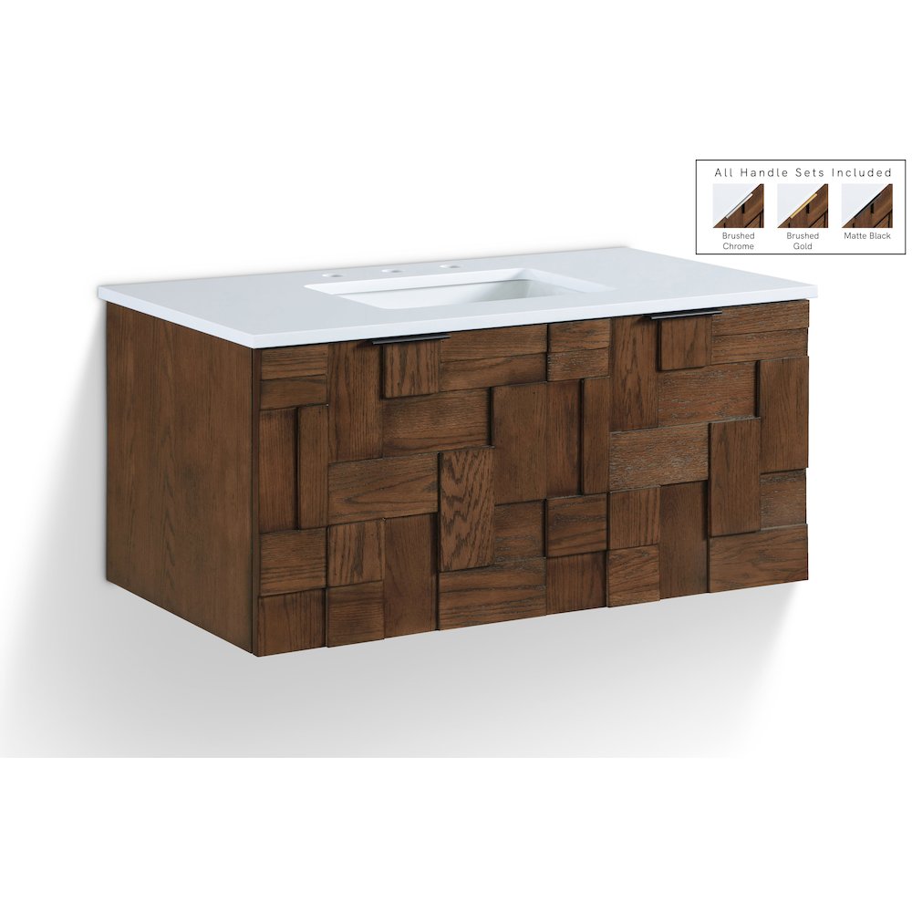 Leonardo 36" Brown Engineered Stone And Solid Wood Wall Mounted Bathroom Vanity. Picture 1