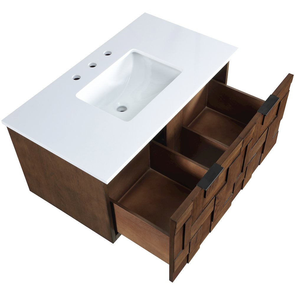 Leonardo 36" Brown Engineered Stone And Solid Wood Wall Mounted Bathroom Vanity. Picture 14