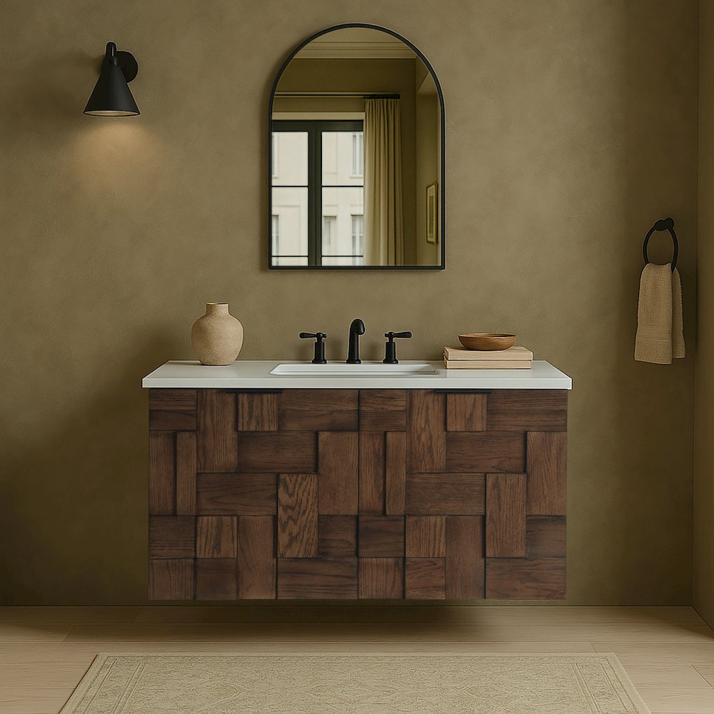 Leonardo 36" Brown Engineered Stone And Solid Wood Wall Mounted Bathroom Vanity. Picture 7