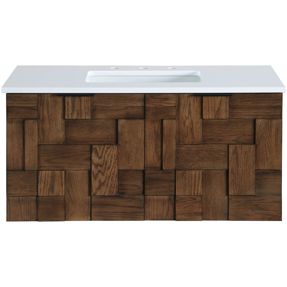 Leonardo 36" Brown Engineered Stone And Solid Wood Wall Mounted Bathroom Vanity. Picture 2