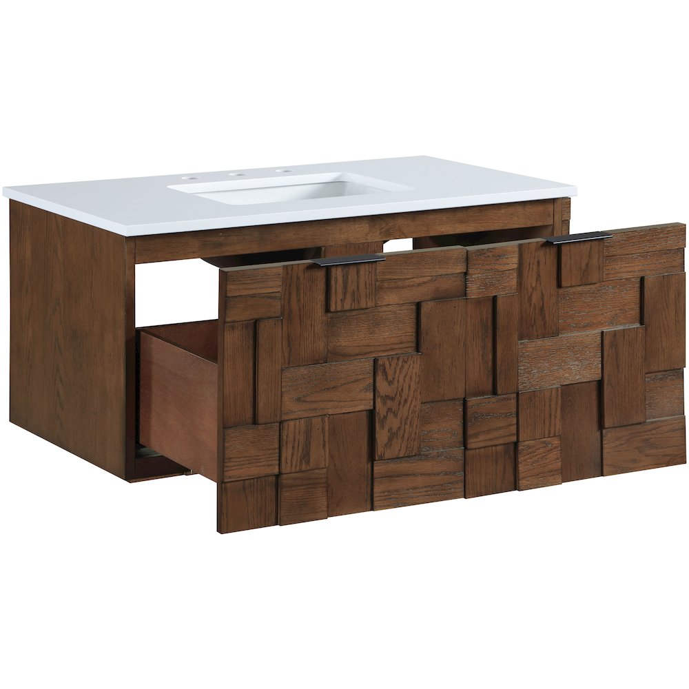 Leonardo 36" Brown Engineered Stone And Solid Wood Wall Mounted Bathroom Vanity. Picture 6